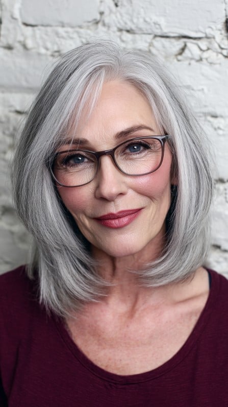 Elegant Gray Layered Lob with Soft Bangs