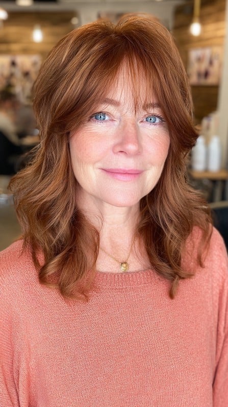 Layered Copper Waves with Soft Bangs
