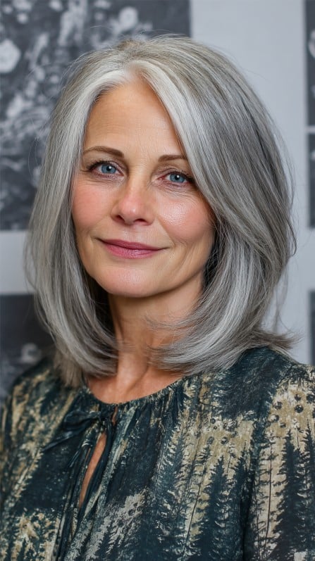 Layered Silver Lob with Gentle Face Framing