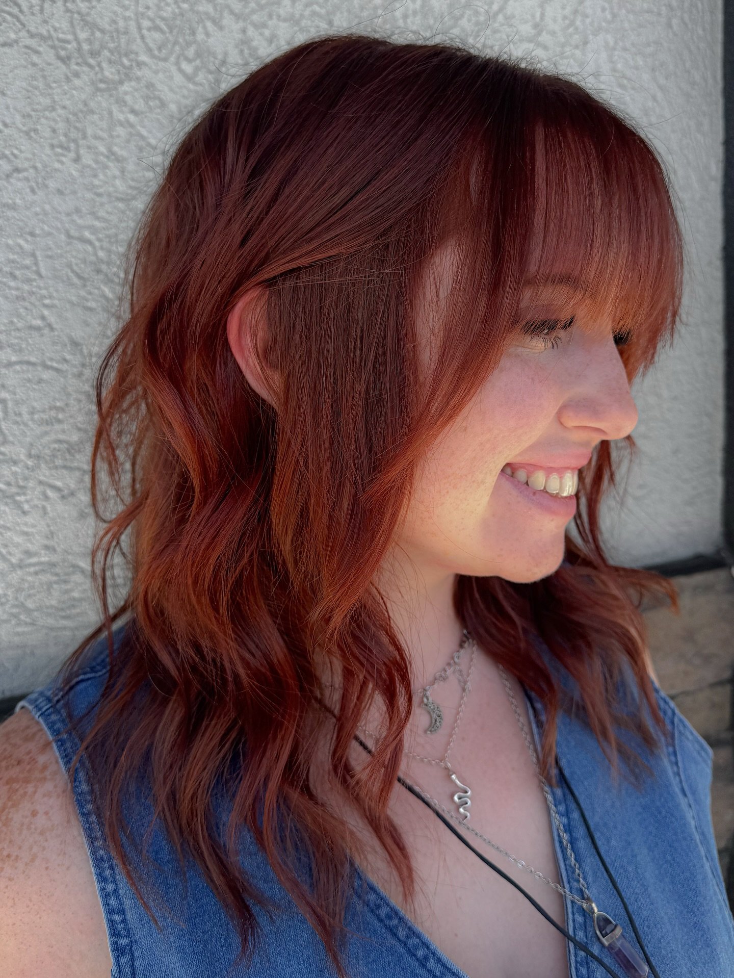 Stylish Copper Waves with Soft Bangs