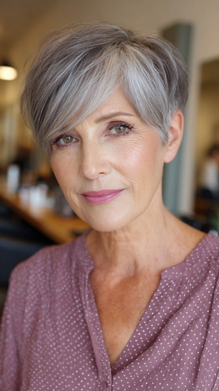 Stylish Textured Silver Pixie Cut with Soft Side Swept Bangs