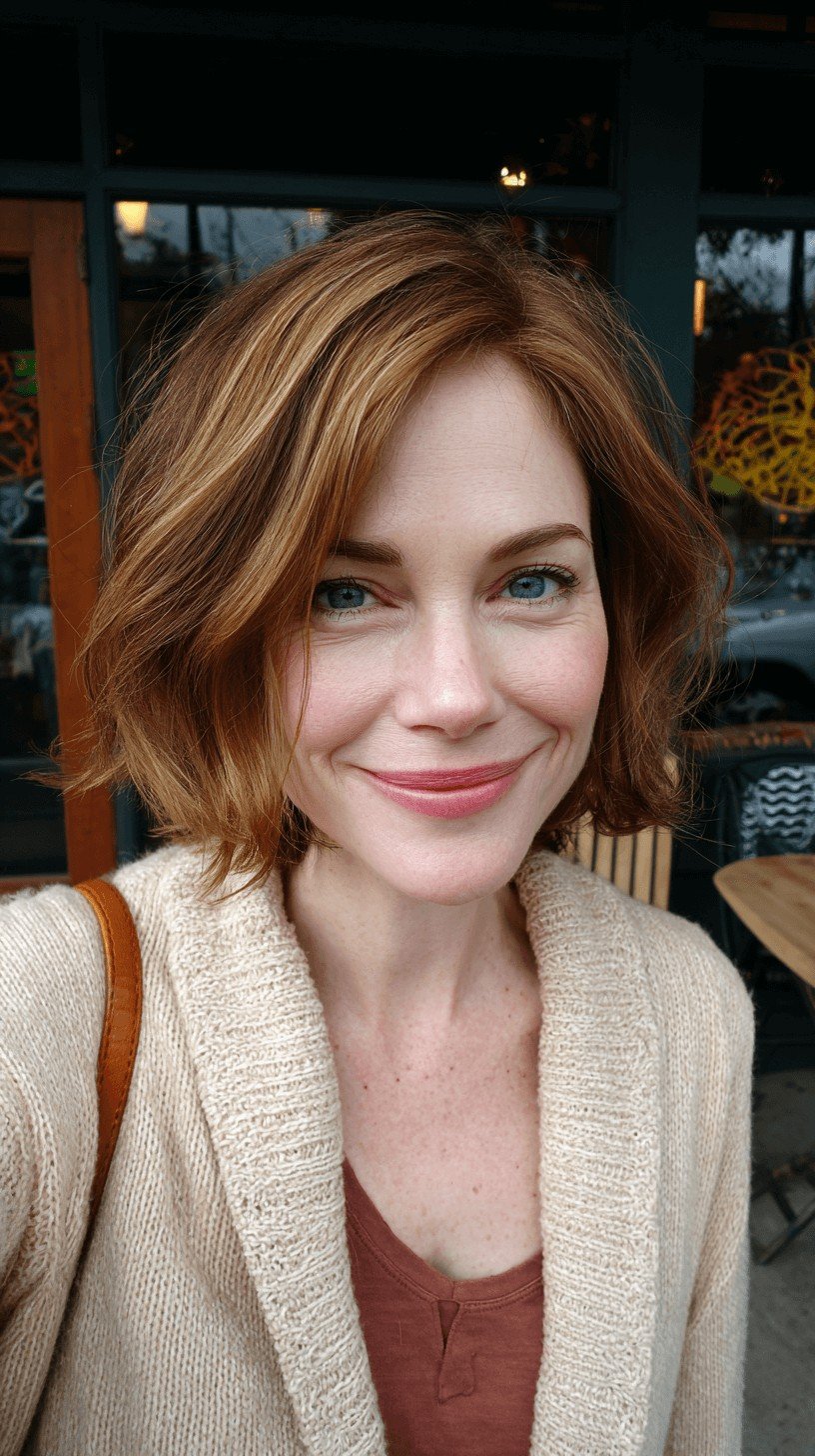 Textured Caramel Bob with Subtle Highlights