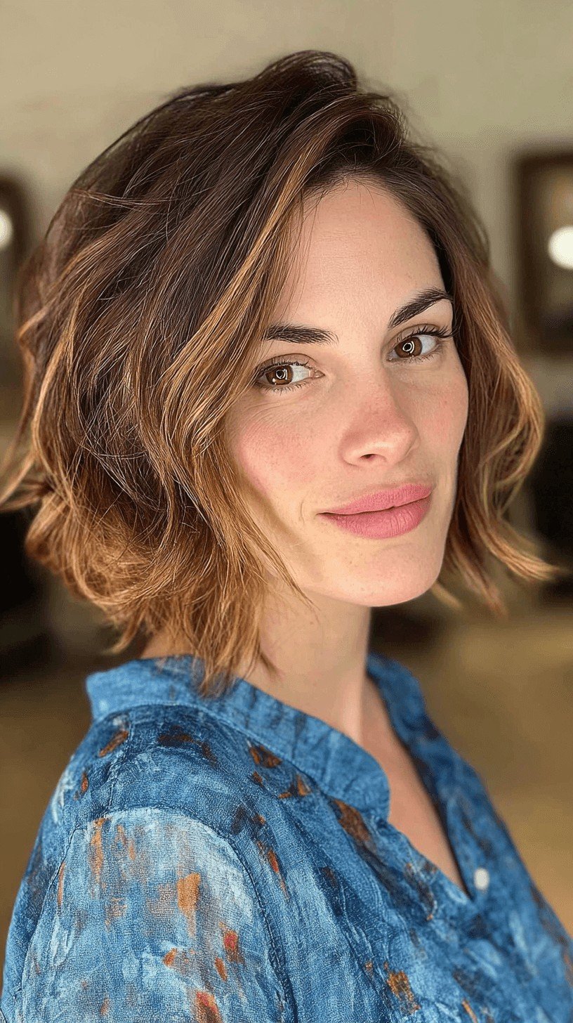 Textured Wavy Lob with Warm Caramel Highlights