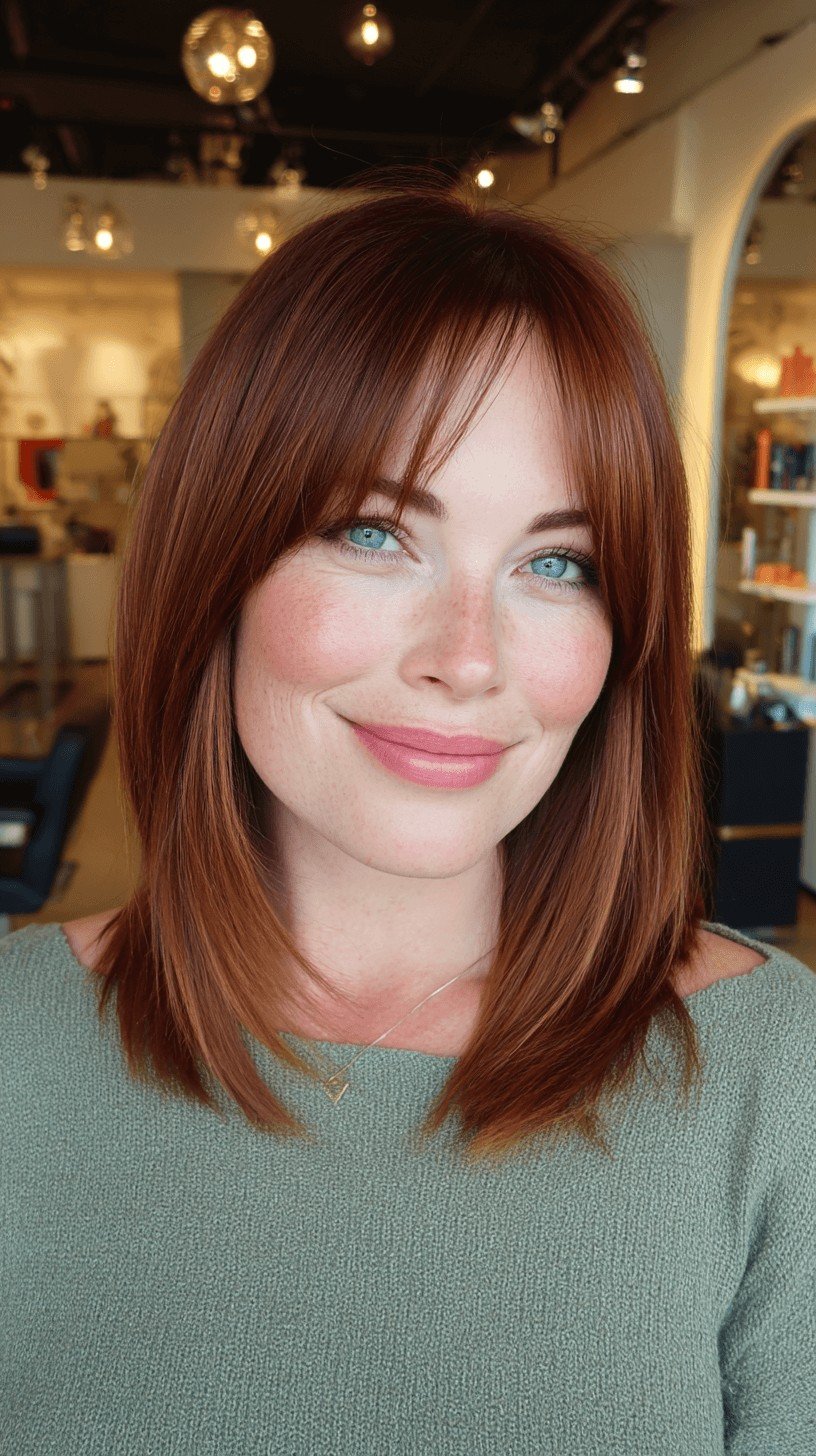 Warm Copper Lob with Soft Face-Framing Bangs