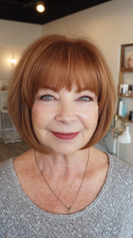 Charming Textured Copper Bob with Soft Bangs