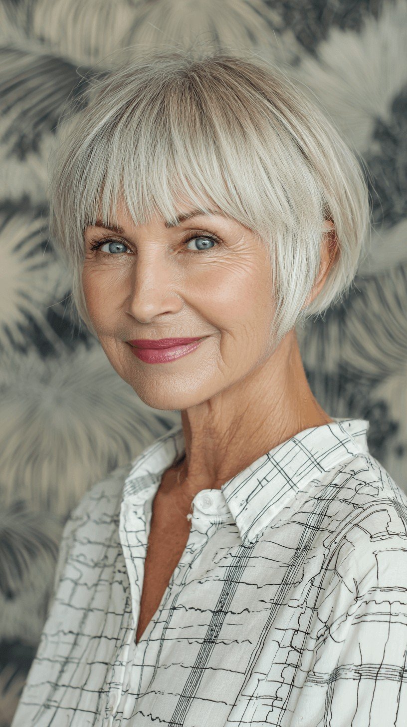 Chic Textured Silver Bowl Cut with Soft Bangs