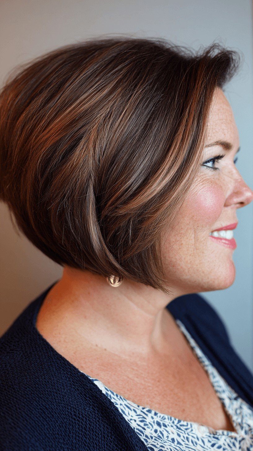 Chic Warm Brown Stacked Bob with Subtle Highlights