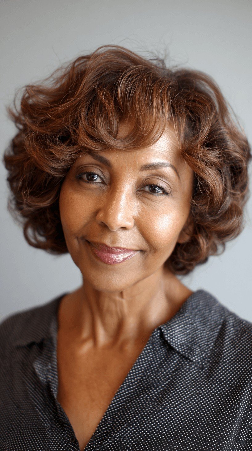 Elegant Curly Bob with Warm Highlights