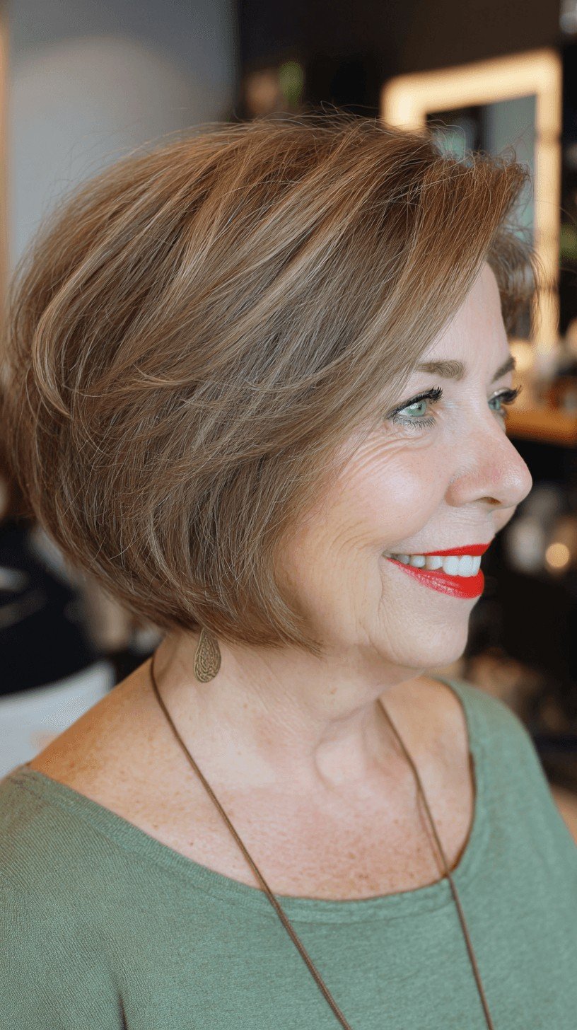 Modern Textured Stacked Bob with Light Brown Highlights