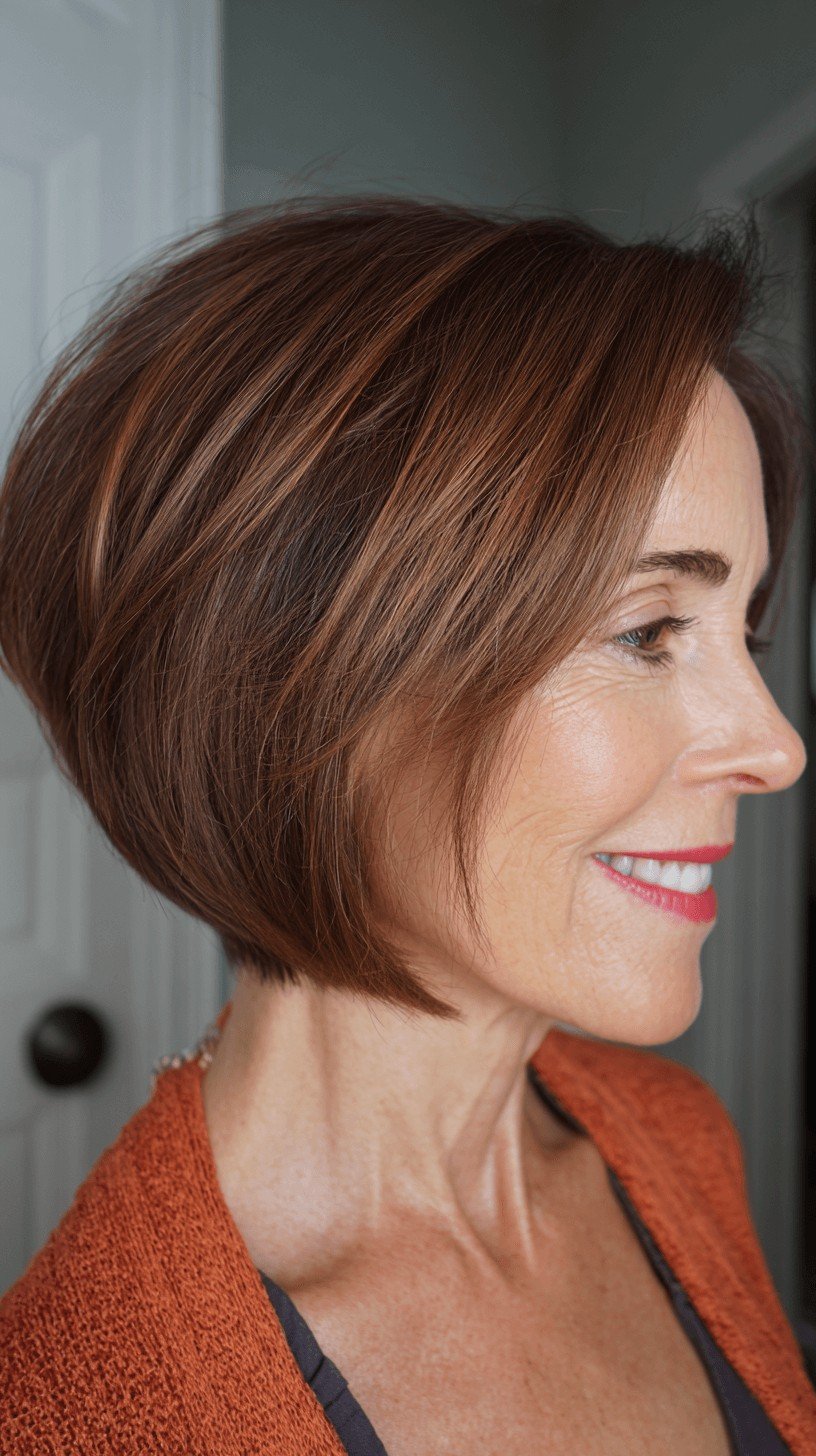 Rich Chestnut Stacked Bob with Subtle Highlights