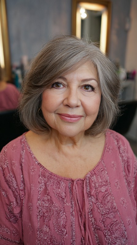 Softly Textured Gray Lob with Face-Framing Layers