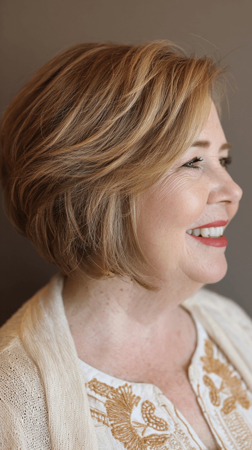 Softly Textured Stacked Bob with Warm Highlights
