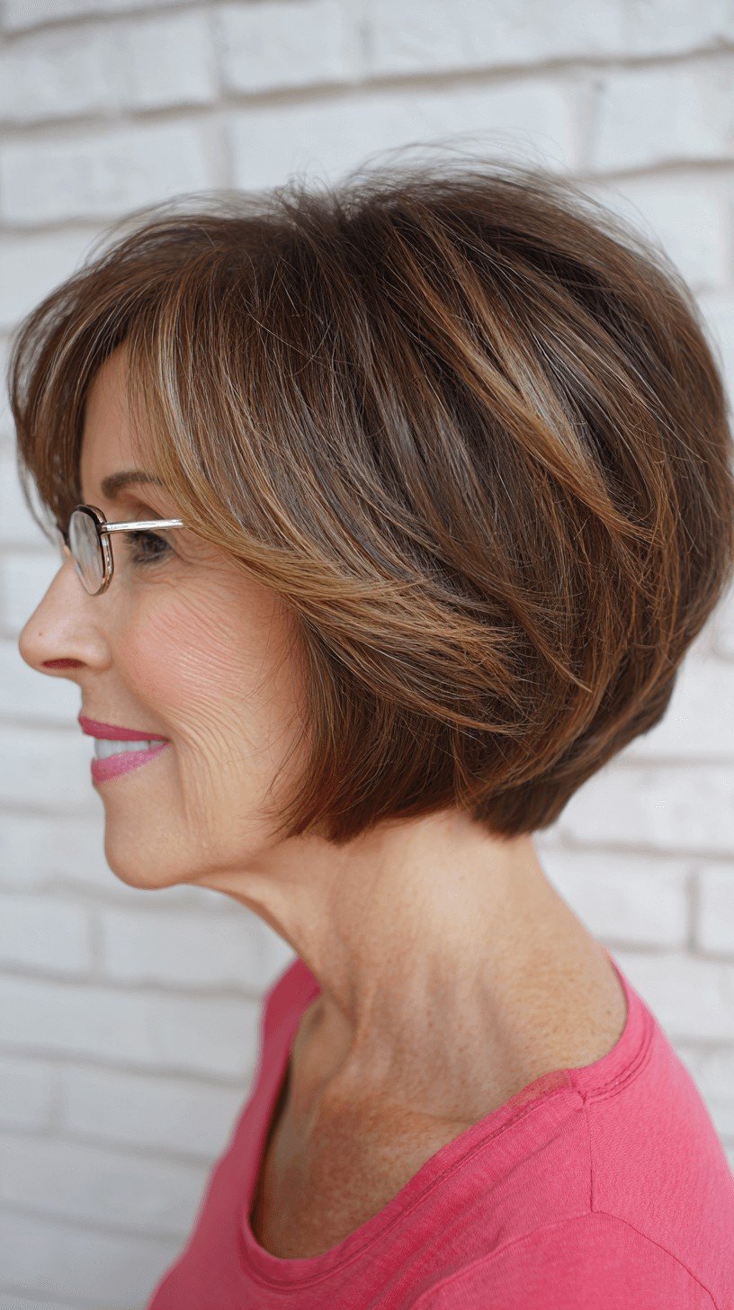 Stylish Light Brown Stacked Bob with Subtle Highlights