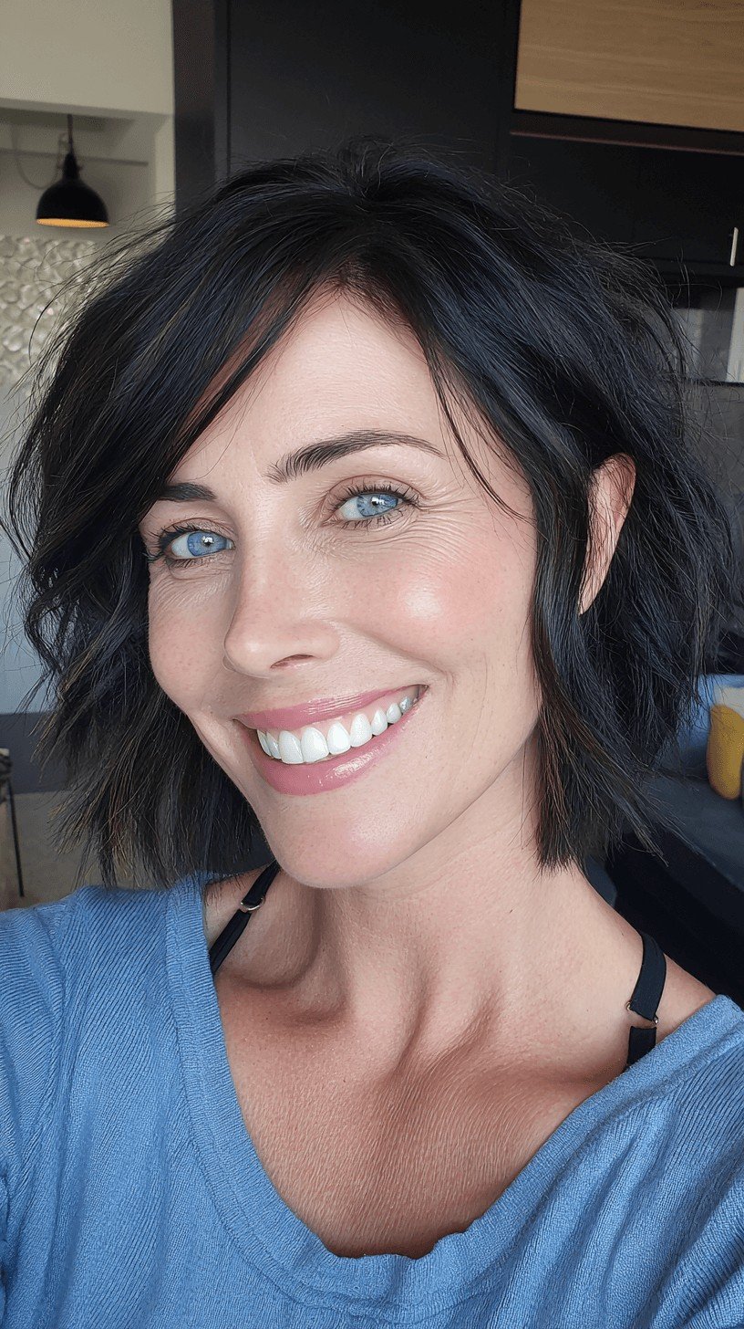 Textured Black Wavy Bob with Subtle Highlights