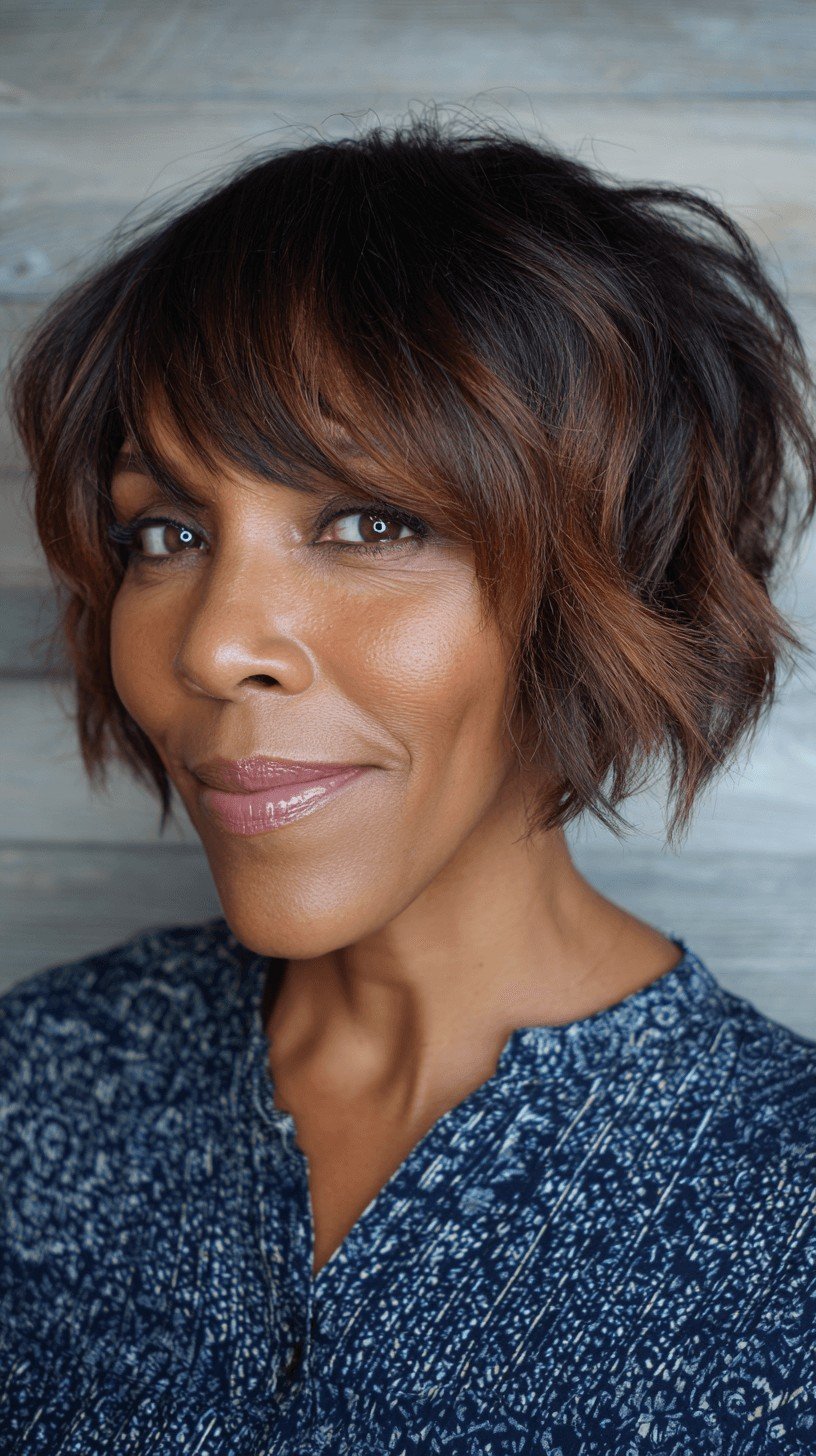 Textured Short Bob with Soft Fringed Bangs