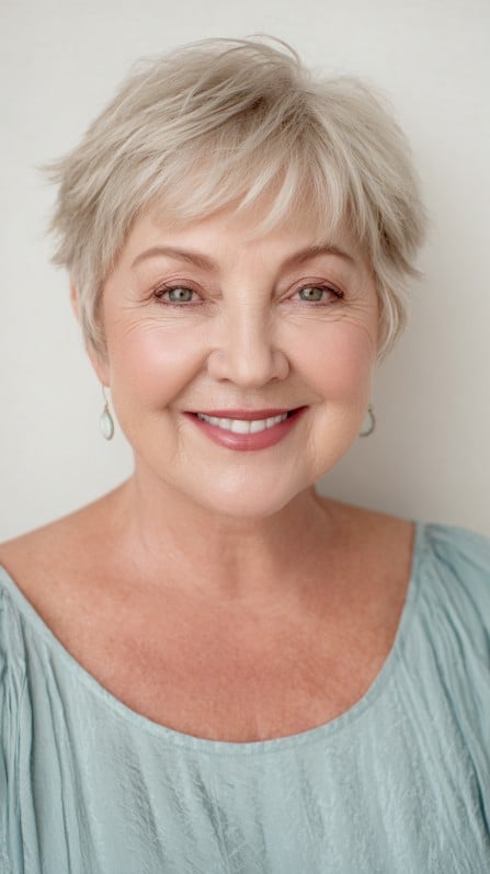 Textured Short Silver Pixie with Soft Bangs