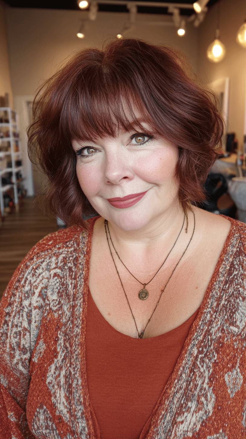 Textured Shoulder-Length Curly Lob with Soft Bangs