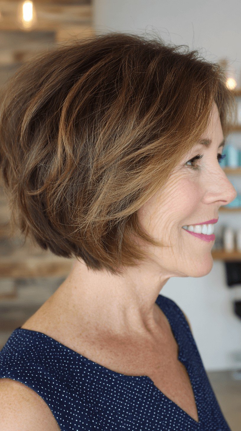 Warm Brown Stacked Bob with Textured Layers