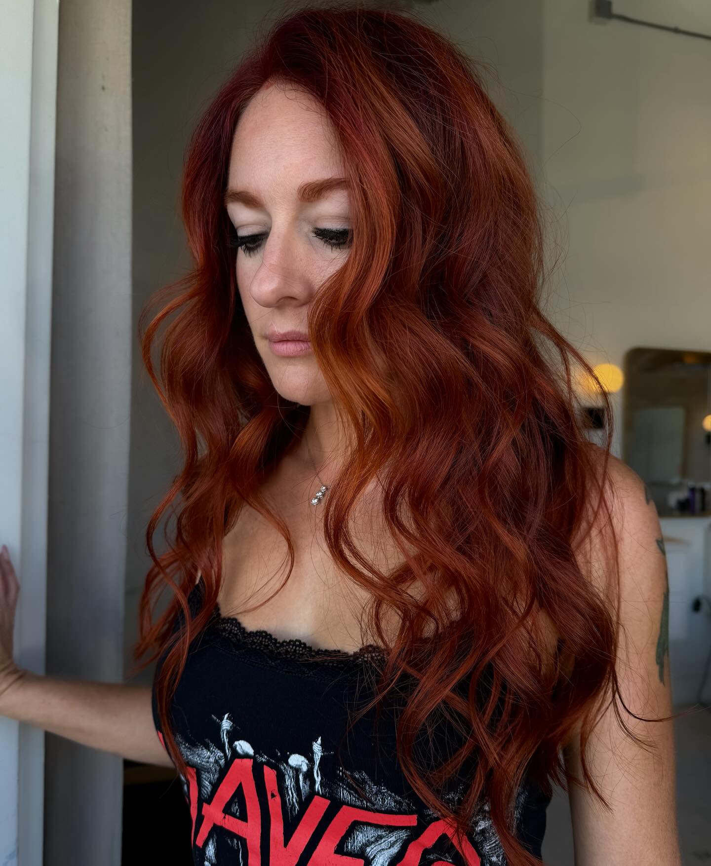 Radiant Long Layers with Fiery Copper Highlights
