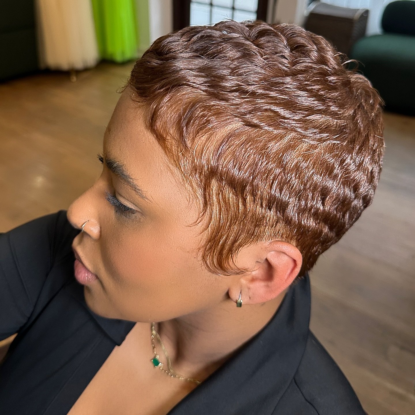 Textured Copper Pixie Cut with Defined Waves