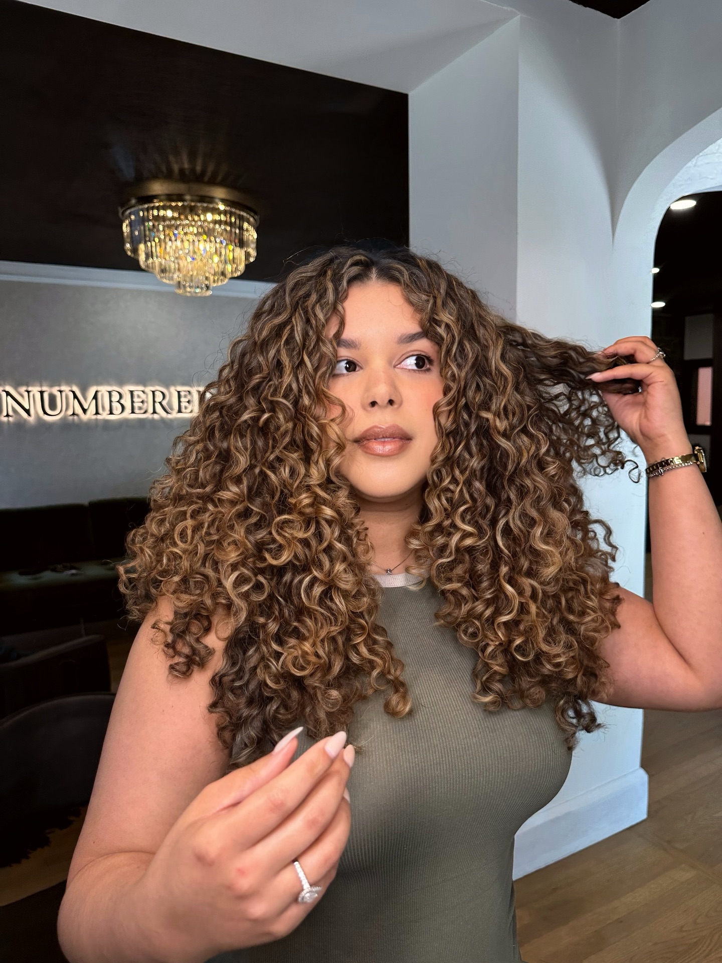 Textured Curly Cut with Defined Volume and Warm Highlights