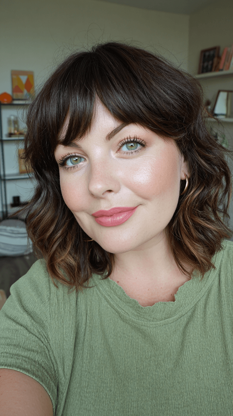 Textured Shoulder-Length Curls with Wispy Bangs