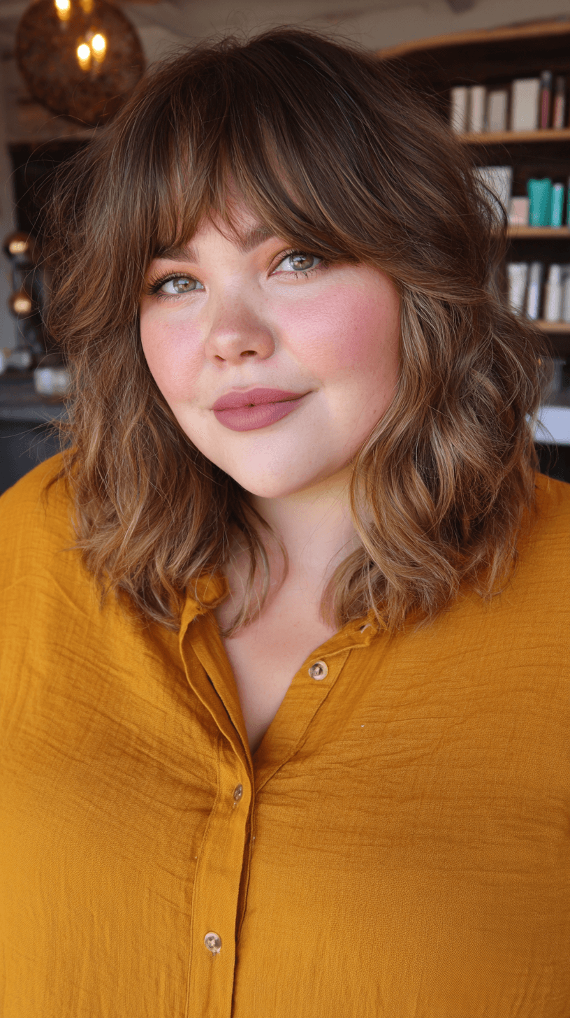 Textured Shoulder-Length Waves with Soft Bangs