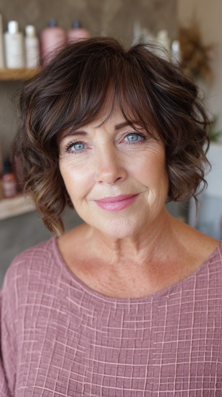 Curly Chestnut Bob with Soft Bangs