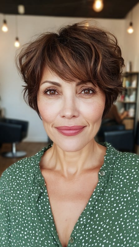Dynamic Tousled Brunette Pixie with Subtle Highlights