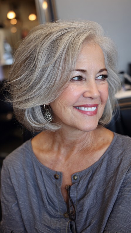 Flattering Silvery Layered Bob for Mature Style