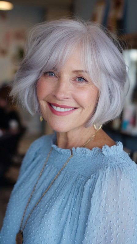 Soft Lavender Feathered Bob with Wispy Bangs