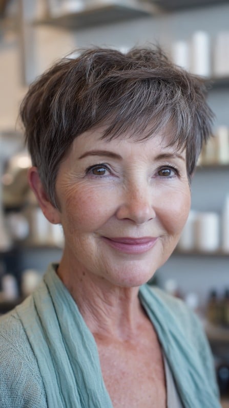 Soft Textured Pixie with Natural Grey Highlights