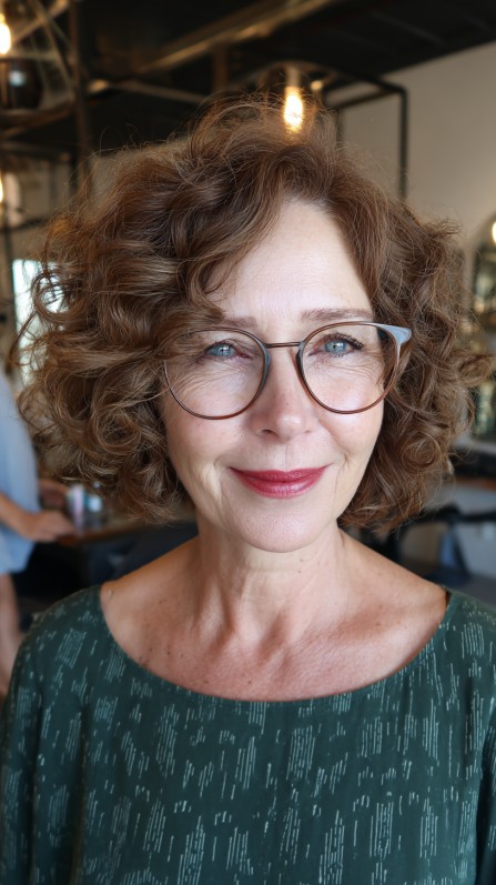 Playful Bronze Curly Bob with Glasses