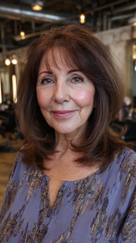 Rich Brunette Feathered Layers for Maturing Hair