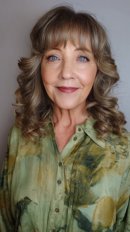 Soft Taupe Curls with Tapered Bangs