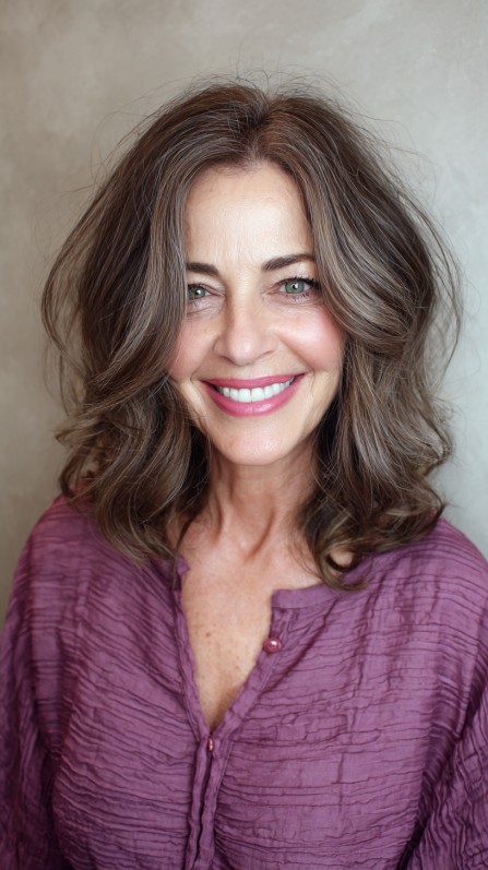 Softly Contoured Chestnut Waves with Natural Highlights
