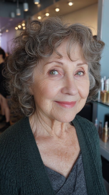 Softly Defined Grey Curls with Tapered Layers
