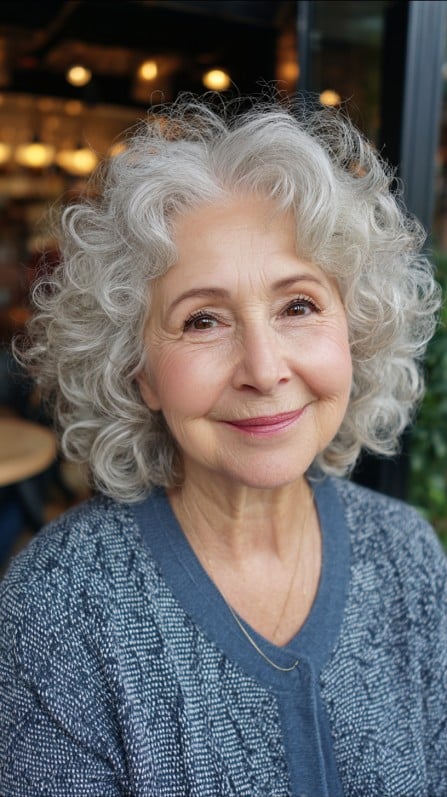 Voluminous Silver Curls for Mature Hair
