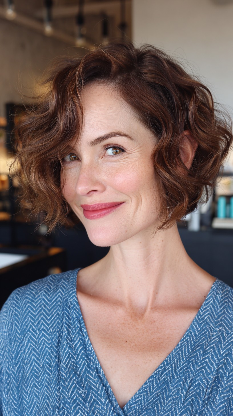 Charming Chestnut Wavy Bob with Natural Highlights