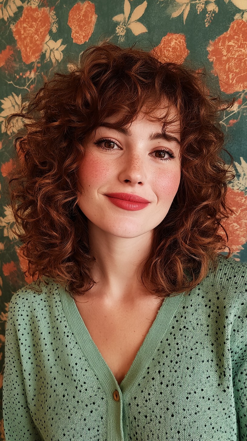 Charming Medium-Length Copper Curls with Face-Framing Layers