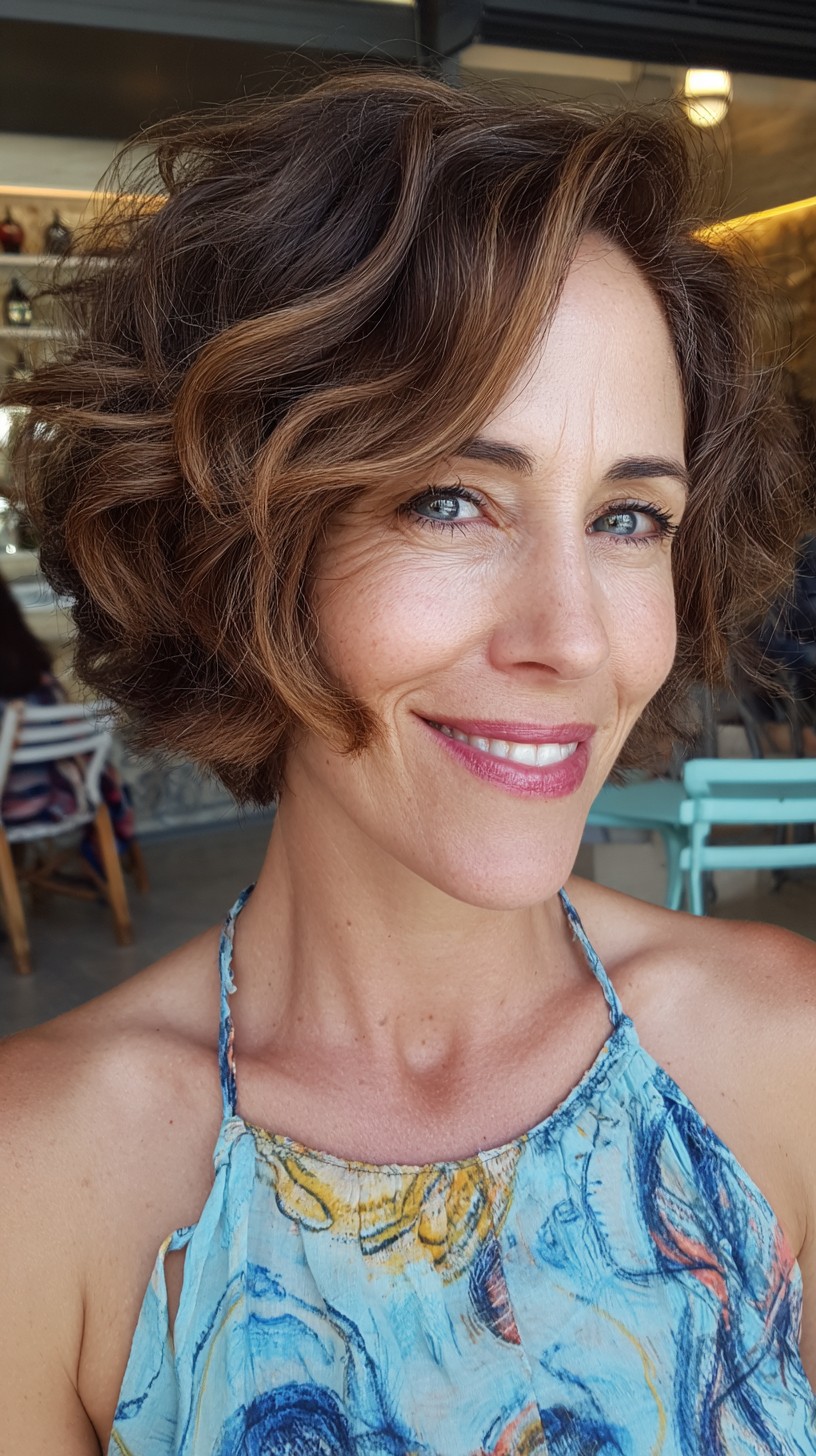 Chic Coffee-Toned Wavy Bob with Natural Highlights