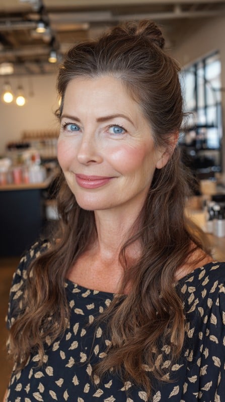 Effortless Brunette Waves with Elegant Top Knot