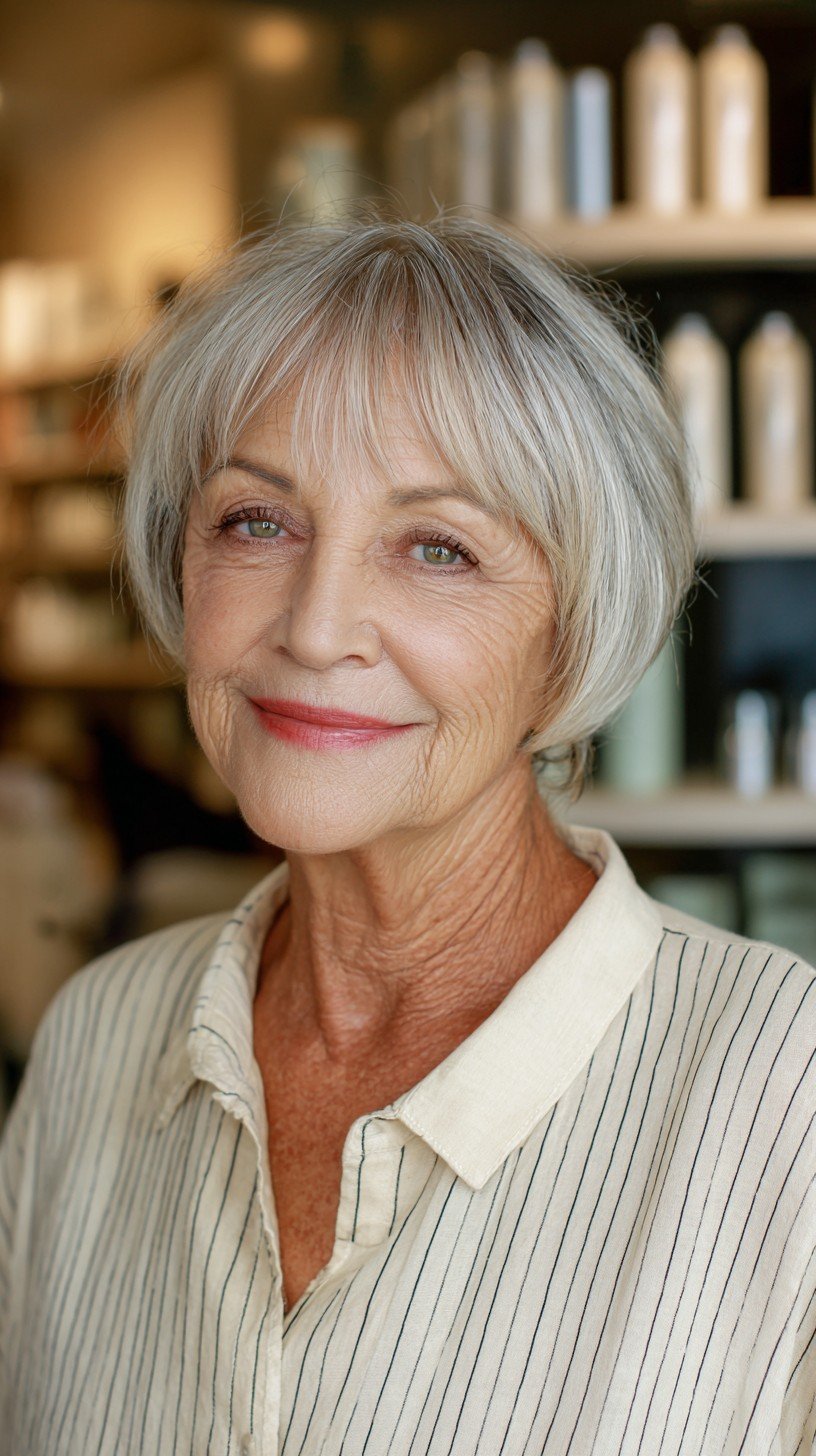 Effortless Grey Layered Bob with Feathered Bangs