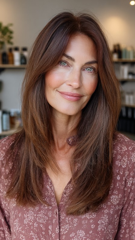 Sleek Chestnut Shag with Face-Framing Layers