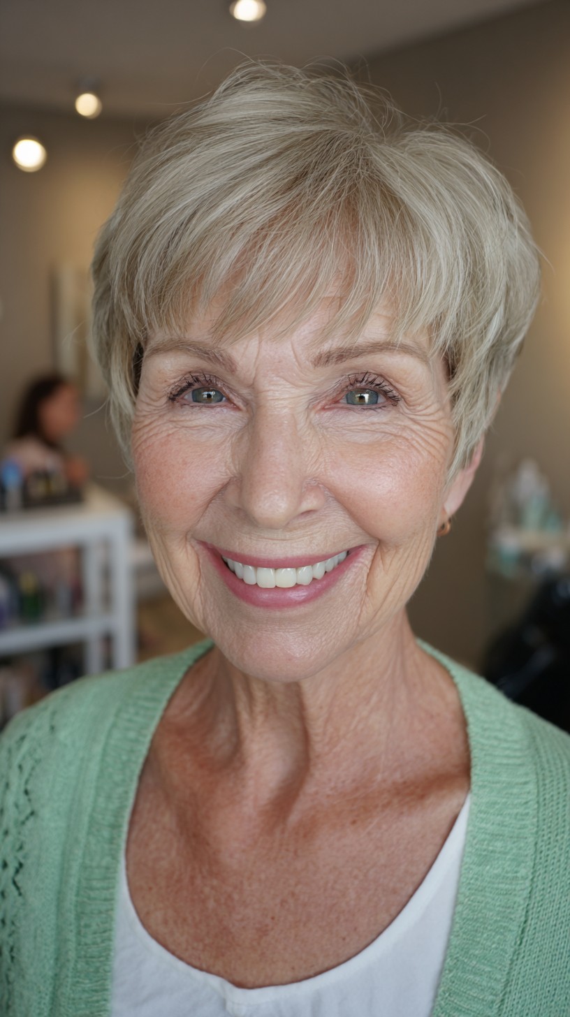 Soft-Contoured Layered Pixie for Mature Hair