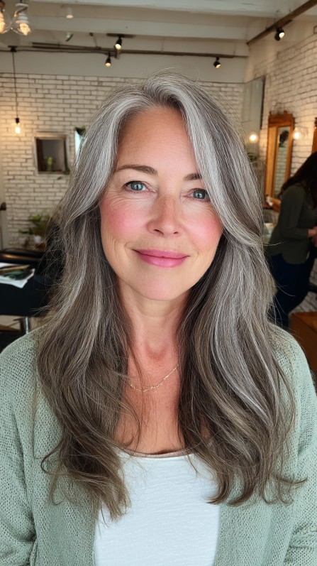 Soft Silver Feathered Waves for Mature Elegance