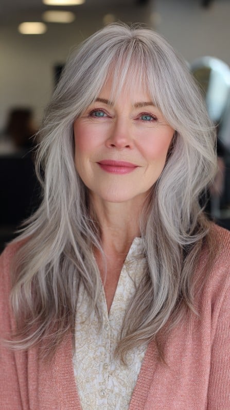 Soft Silver Layers with Curtain Bangs