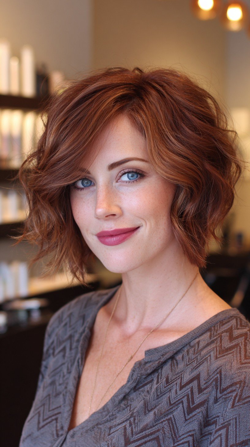 Stunning Copper Layered Bob with Soft Waves