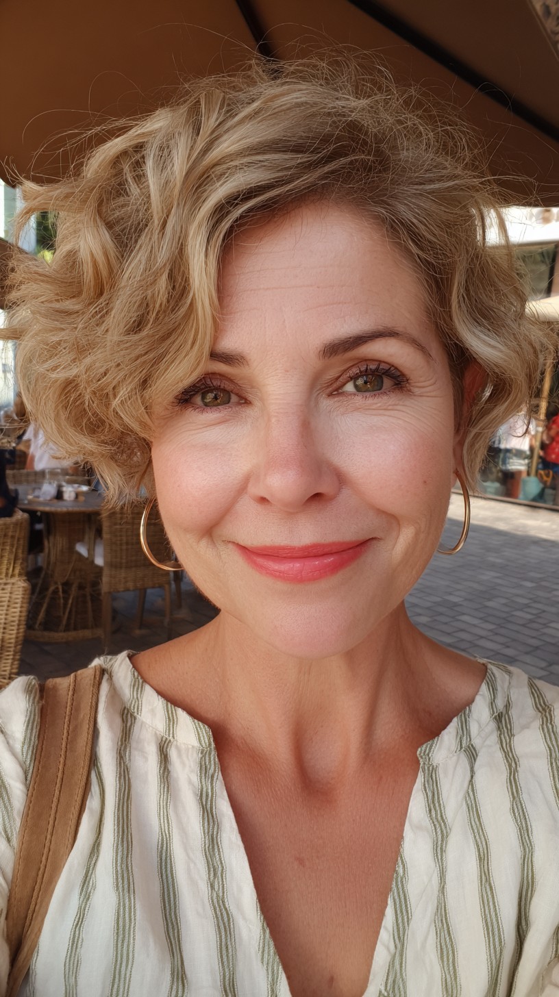 Charming Curly Blonde Crop with Natural Highlights