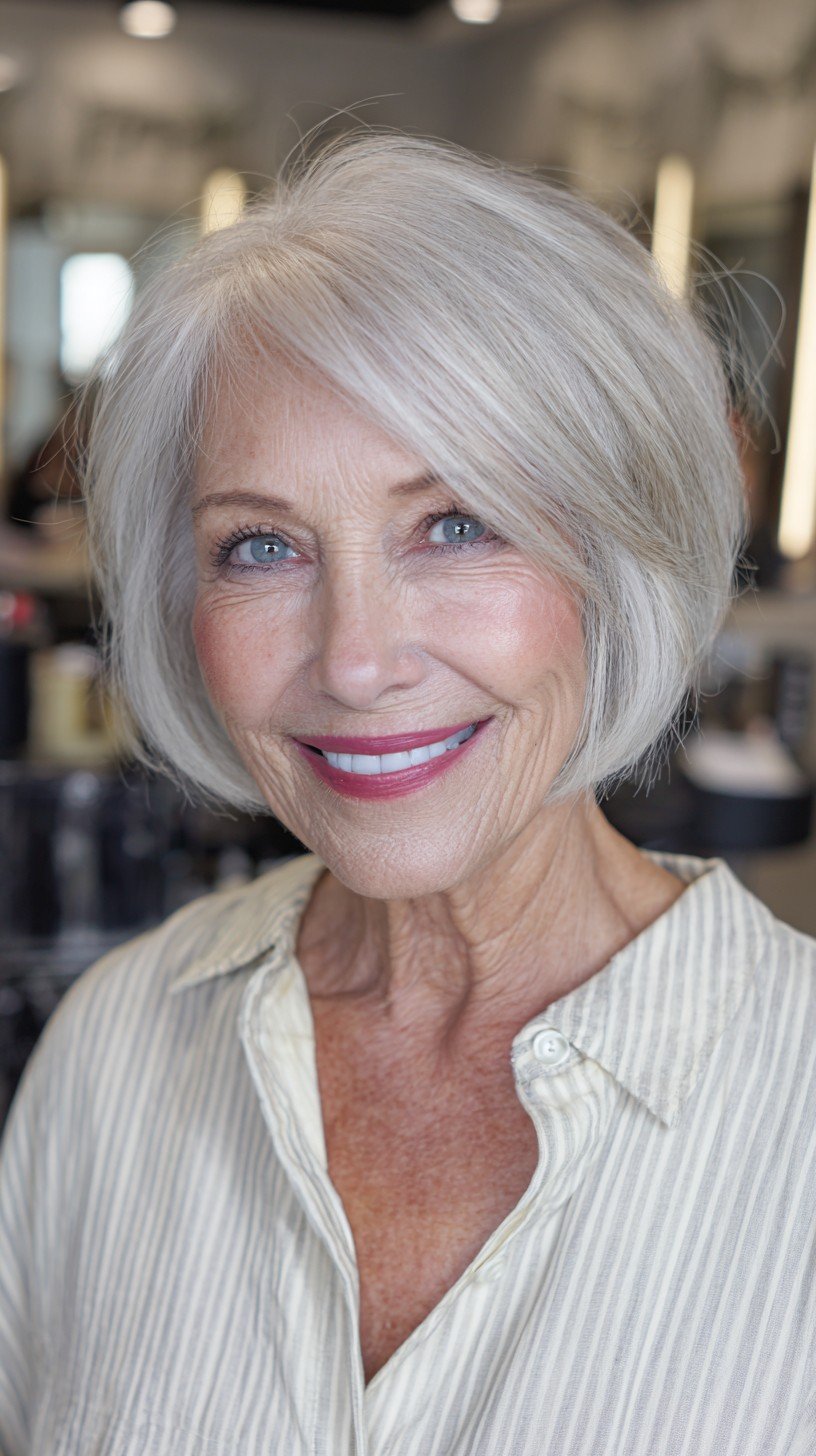 Chic Silver Asymmetrical Bob for Vibrant Maturity